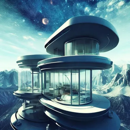 Prompt: futuristic house in the mountains, space, futuristic world, post apocolypse, large glass windows
