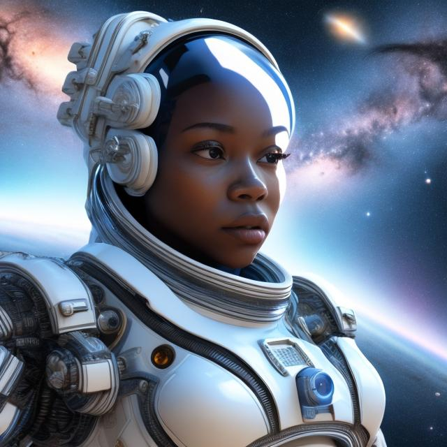 Prompt: futuristic. african-american. realistic facial features. realistic body parts. scene in outer-space. 3d. milky way
