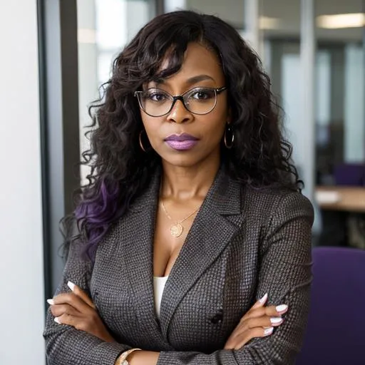 Prompt: masterpiece, best quality, Portrait of middle-aged adult successful black mature woman with black frame glasses. long curly brown hair with bangs, with purple lipstick, African American business woman standing in new office. Portrait of mature woman.