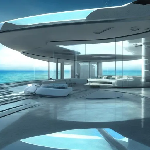 Prompt: futuristic house near the ocean, space, futuristic world, post apocolypse, large glass windows, realistic archetecture
