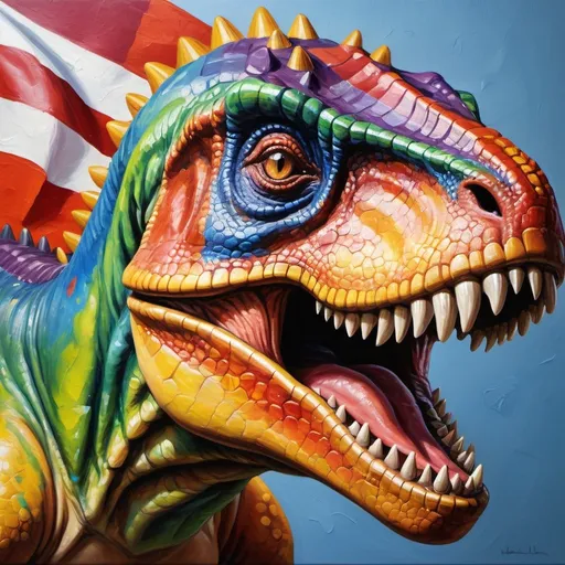 Prompt: Dinosaur painted with multicolor flag, vibrant and bold colors, oil painting, detailed scales and texture, high quality, realistic, multicolor flag, prehistoric, vibrant, bold colors, oil painting, detailed scales, high quality, professional, realistic lighting