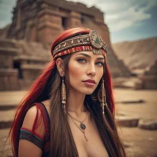 Prompt: Beautiful woman with prominent cheekbones, light green eyes, and red fleshy lips, temple aztec background, watercolor technique, highres, detailed, watercolor, aztec, prominent features, colorful, beautiful, artful, serene lighting