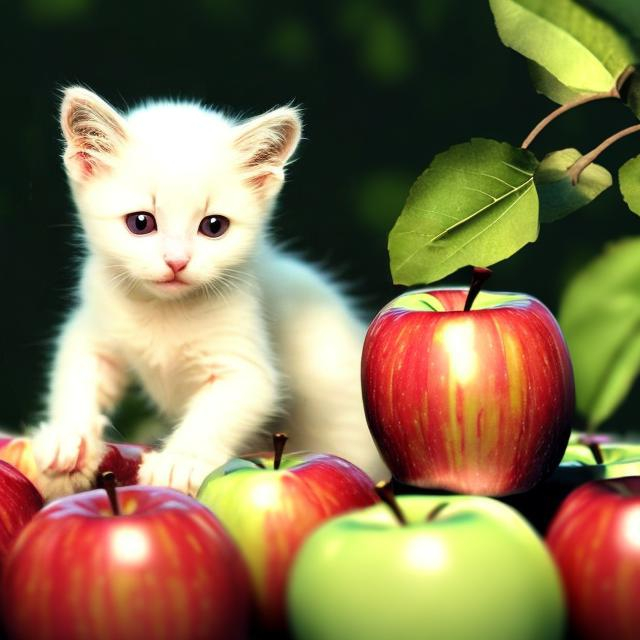 Prompt: A white kitten on an apple