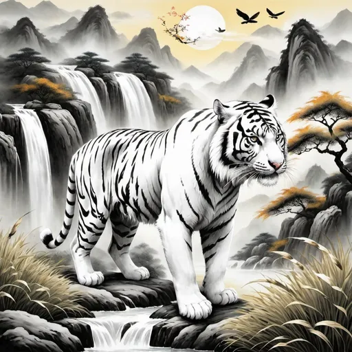 Prompt: Black and white Chinese painting style white tiger lush grass field scorching sun birds in the sky water fall mountains in the background