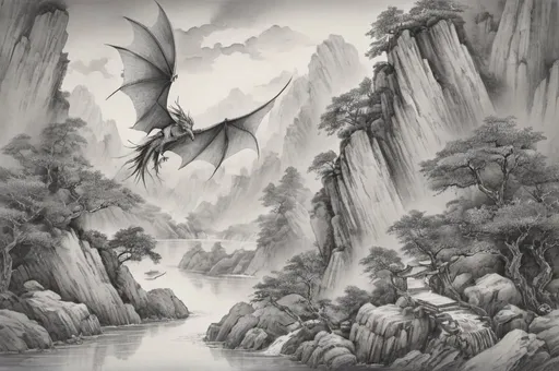 Prompt: Complicated Dragon on a cliff in Chinese painting style scorching hot sun  birds soaring gracefully across the sky clear blue river 
 Black and white  



