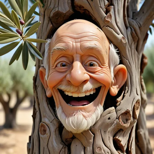 Prompt: An olive tree, on its trunk there is a drawing of a smiling old man's face, surrounded by many branches, at the end of which there is a hand that looks like a human hand, containing many olive plants