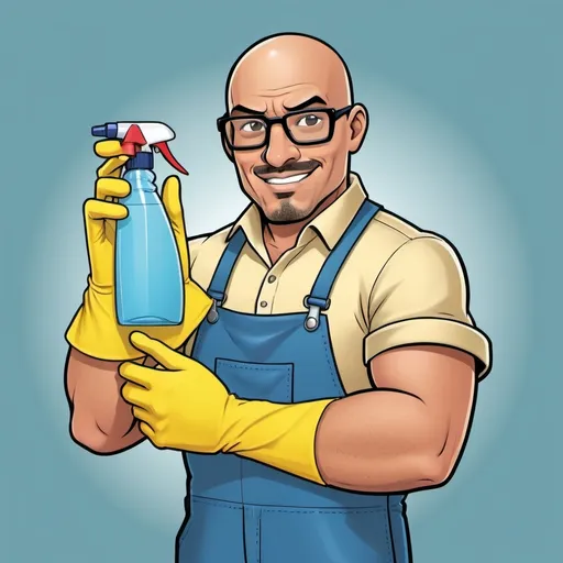 Prompt: A comic book style cartoon of a spray bottle for commercial cleaning products. The bottle itself should be a simple cylinder. Instead of a label, the entire front of the bottle should be designed to look like a friendly and professional Latino man with a bald head and glasses. He should be wearing blue overalls and have his arms crossed in a confident pose. The man's hands should be wearing bright yellow rubber gloves. Make sure his skin tone is tan.