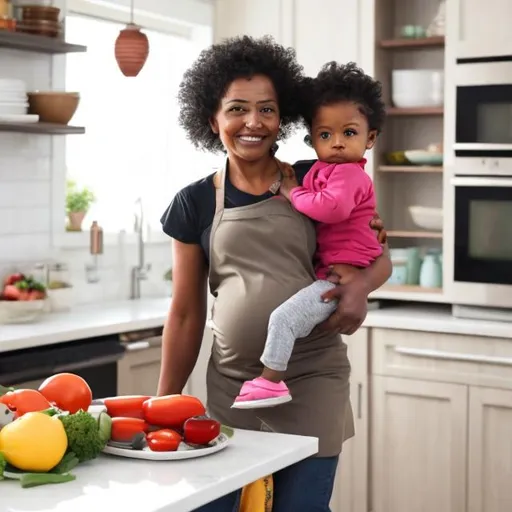 Prompt: African American mother cooking in the kitchen while carrying the baby on her back, moderate modern kitchen