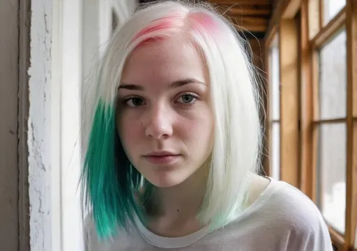 Prompt: Relastic white 20 yr old girl inside a 
old urban house In canada who has colored hair 
