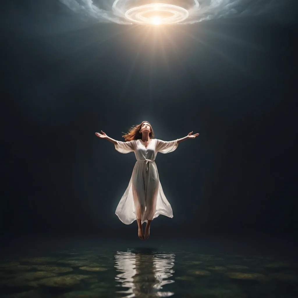 Prompt: Woman floating in the air giving light and healing the lonely men looking 