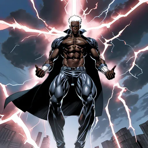 Prompt: <mymodel> Elder black African ascended master, clean shaven, slicked down silver hair, trenchoat, descending from sky, flapping cape, holding lightning, cel shaded, Seung Eun Kim artstyle, Solomonic divinity coming down from heaven, muscular, a full body character portrait, hooded trenchcoat, apocryphal, cleft chin, dark skin royalty