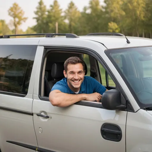 Prompt: A man who is smiling sitting on the driver seat of a minivan.
the image should be usable for a job offer on a website