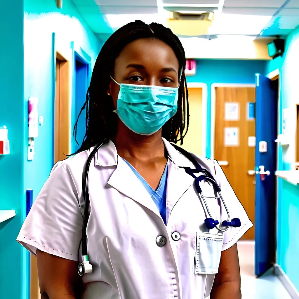 Prompt: A woman in nursing clothes and a facemask with a friendly expression standing in a bright hallway of a clinic.