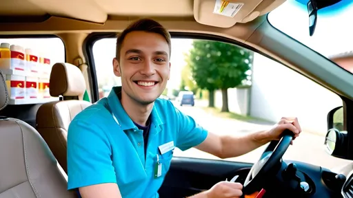 Prompt: a delivery driver of a german pharmacy sitting in the drivers seat of a minivan. the driver has a bright smile.