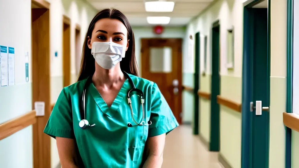 Prompt: A nurse without a facemask and a facemask with a friendly expression standing in a bright hallway of a clinic.