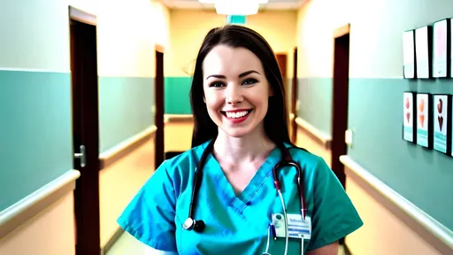Prompt: A nurse with a bright smile and white skin standing in a bright hallway of a clinic.