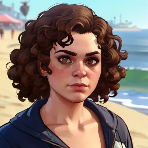Prompt: gta v styled cute woman with curly brown hair and hazel eyes at the beach