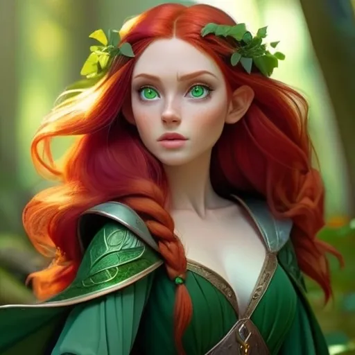 Prompt: half elf girl with emerald eyes and red hair