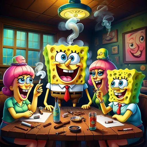 Prompt: (Spongebob smoking cigars), (Tate brothers), a group of girls around a table, lively atmosphere, humorous spirit, colorful and exaggerated cartoon style, vibrant colors, dynamic composition, playful expressions, animated scene, whimsical details, high-quality illustration, bright background filled with laughter and camaraderie, cheerful ambiance, imaginative scenario.