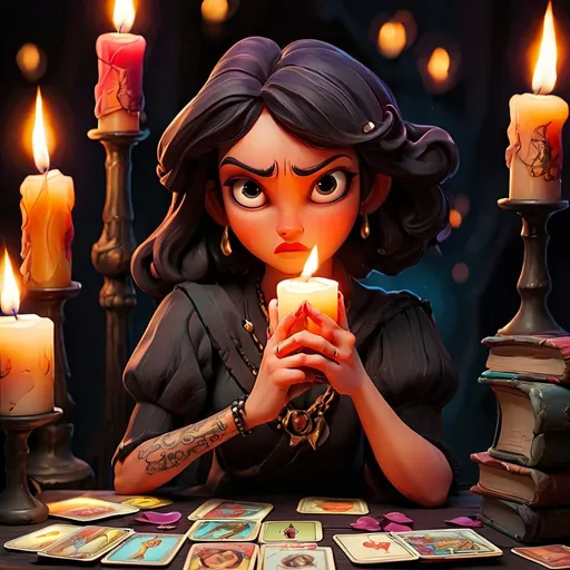 Prompt: tarot cards with candles flickering