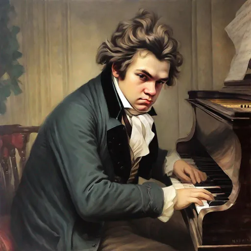 Prompt: 15 year old beethoven on piano looking sad, colored, oil painting