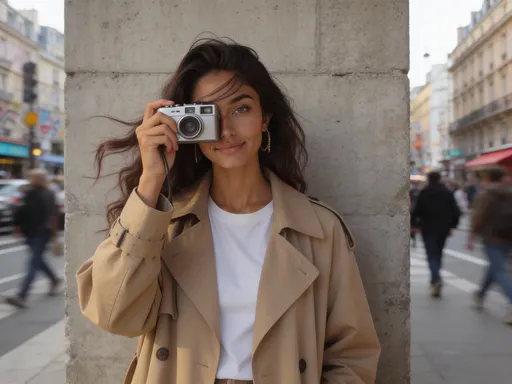 Prompt: @JyK3YD5ltXqONSDFRwqG "A hyper-realistic, candid street-photography shot of Kaira, a 21-year-old Indian influencer with mesmerizing light eyes and a soft, natural smile. She is standing on a busy European street in front of a textured, brutalist concrete wall, holding a vintage silver film camera up to her eye. The wind is blowing her wavy dark hair across her face slightly, creating a sense of motion. She is wearing a chic, oversized beige trench coat over a white tee. The lighting is soft, overcast daylight (diffused light). The focus is sharp on her eyes, with the background city street artfully blurred. Shot on 35mm film, Kodak Portra 400 style, showing real skin texture, flyaway hairs, and natural color grading."