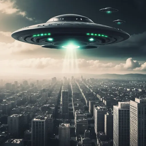 Prompt: UFO over a city as a book cover page give me a more war background

