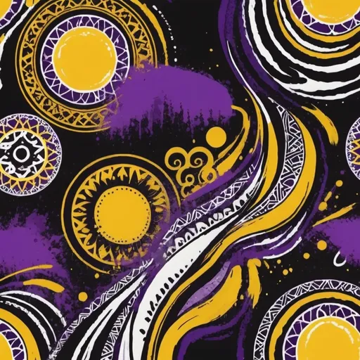 Prompt: t-shirt design, vibrant, cheerful,  wild, organic, black background, some Arabic patterns, bold brushstrokes, dominant colors purple, yellow and white 