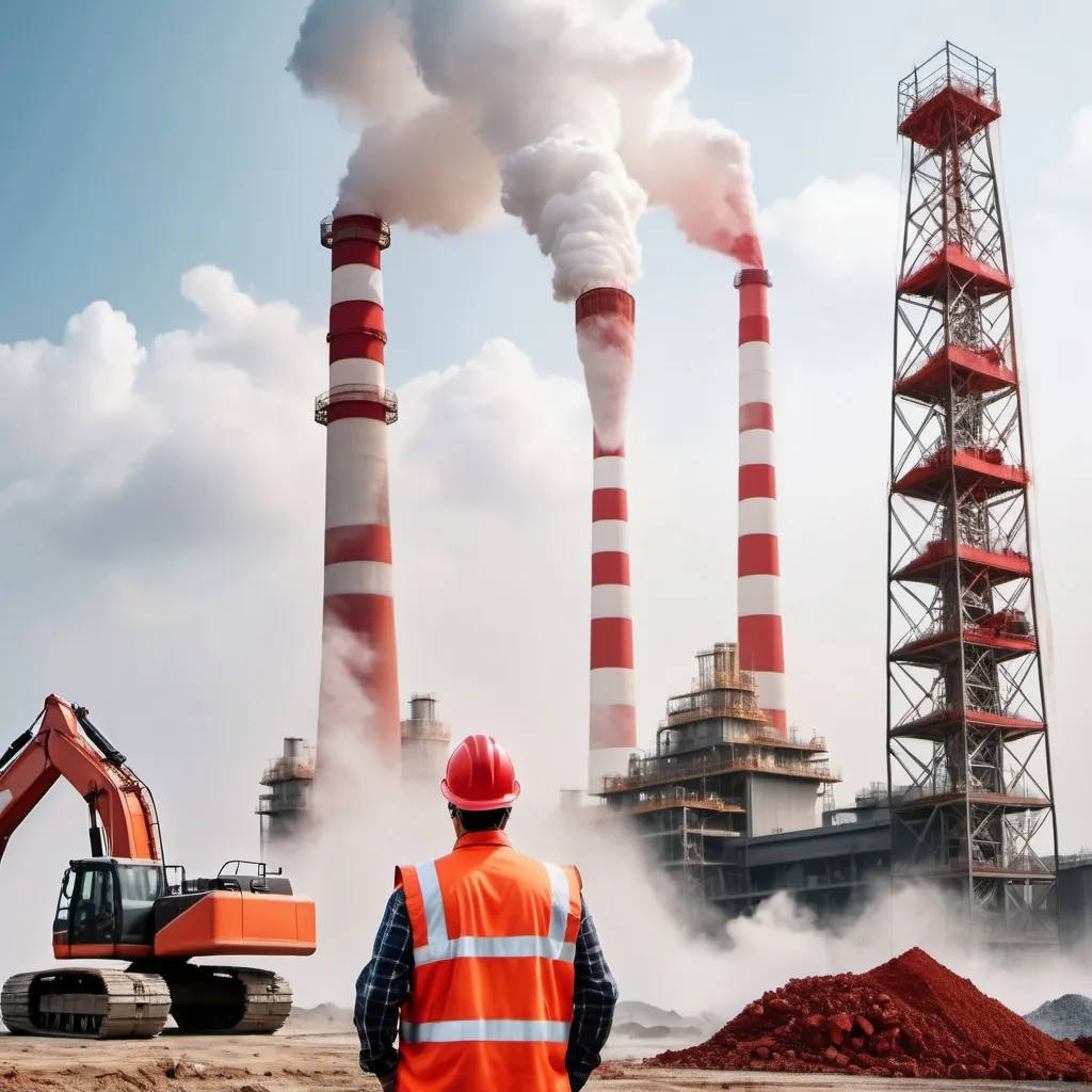 Prompt: Worker with safety signboard and background of giant crane and power plant with red and white chimney with white smoke, another excavator with excavating ground work with concrete casting