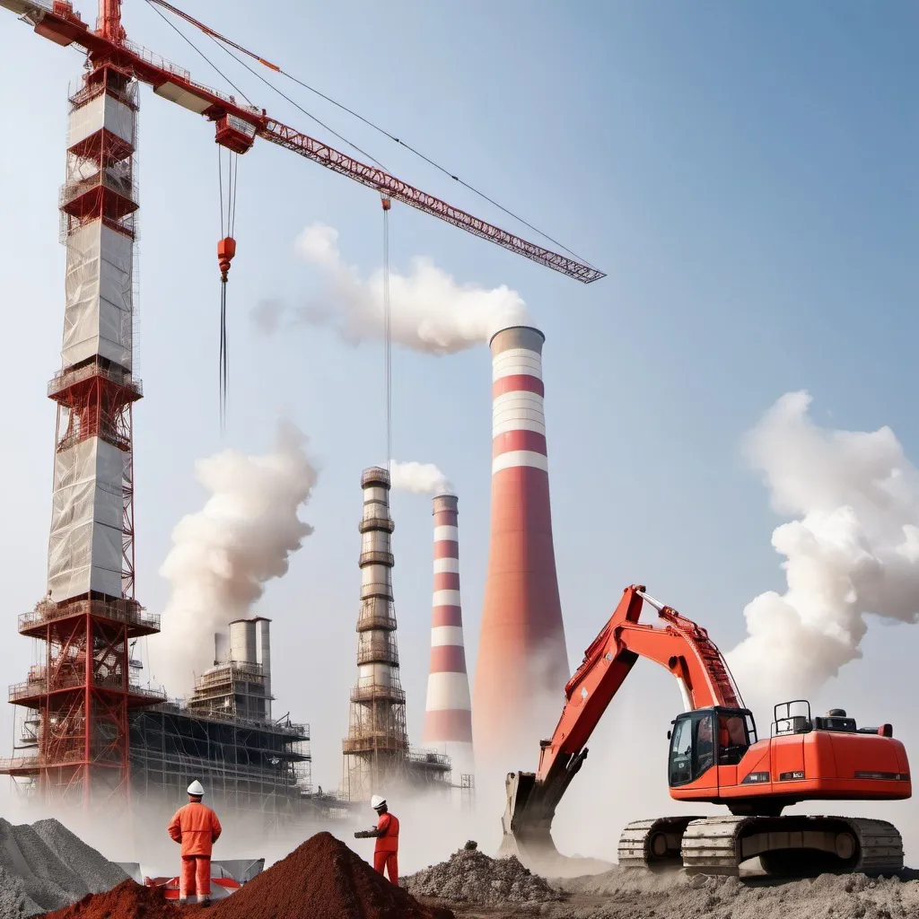 Prompt: Worker with safety signboard and background of giant crane and power plant with one red and white chimney with white smoke, another excavator with excavating ground work with concrete casting, workers with scaffolding tower