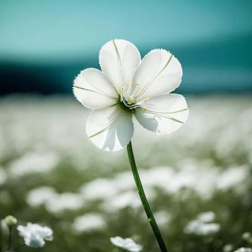 Prompt: In a vast and open field, an ethereal scene unfolds. A single, pristine white flower gracefully stands tall, surrounded by a sea of emerald green. The field stretches endlessly, and the subtle dance of the solitary flower in the gentle breeze captivates the serenity of the moment. The simplicity of the white blossom against the lush backdrop evokes a sense of purity and tranquility, creating a timeless and enchanting tableau.