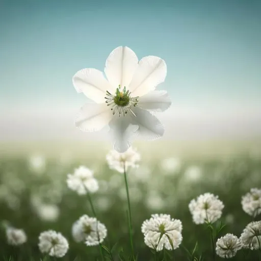 Prompt: In a vast and open field, an ethereal scene unfolds. A single, pristine white flower gracefully stands tall, surrounded by a sea of emerald green. The field stretches endlessly, and the subtle dance of the solitary flower in the gentle breeze captivates the serenity of the moment. The simplicity of the white blossom against the lush backdrop evokes a sense of purity and tranquility, creating a timeless and enchanting tableau.