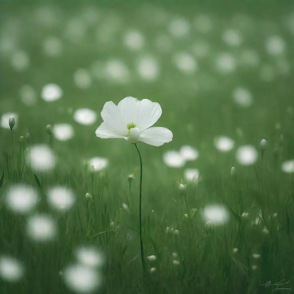 Prompt: In a vast and open field, an ethereal scene unfolds. A single, pristine white flower gracefully stands tall, surrounded by a sea of emerald green. The field stretches endlessly, and the subtle dance of the solitary flower in the gentle breeze captivates the serenity of the moment. The simplicity of the white blossom against the lush backdrop evokes a sense of purity and tranquility, creating a timeless and enchanting tableau.