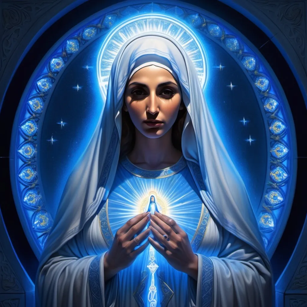 Prompt: A middle eastern rendering of Mother Mary surrounded by blue light. She should have darker skin