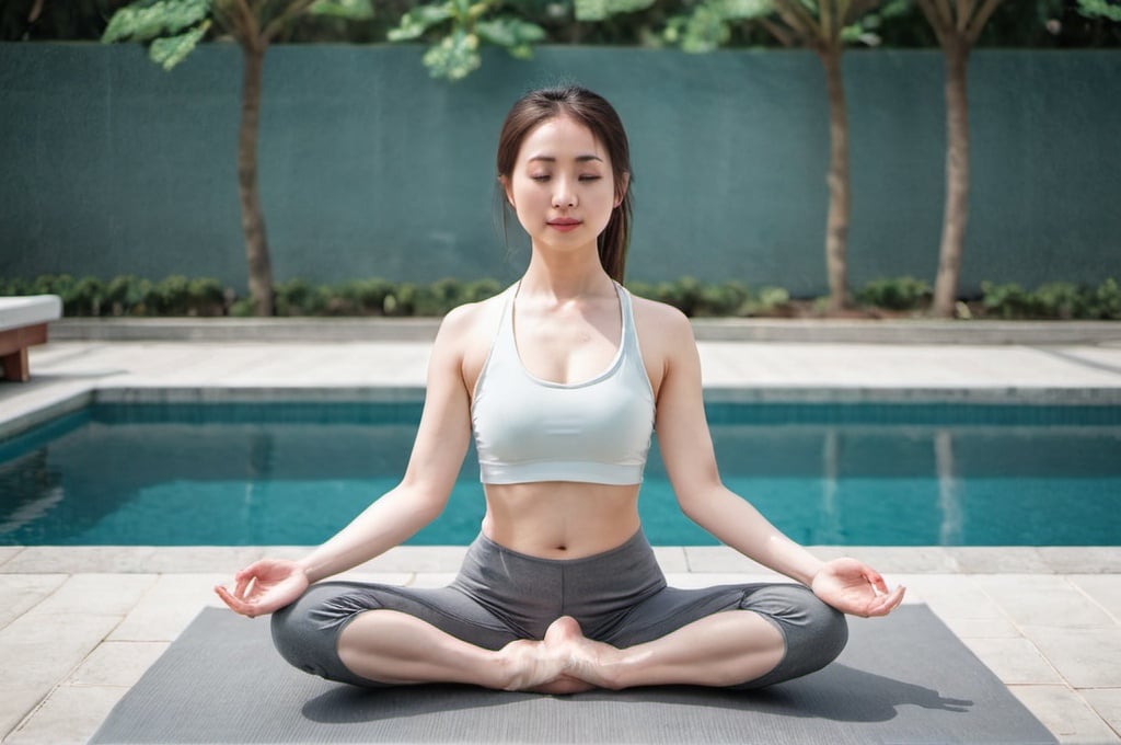 Prompt: A chinese woman doing yoga beside the pool