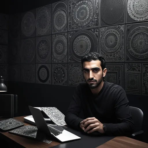 Prompt: a man sitting at a desk with a laptop computer on it and a black wall behind him with a mosaic design, Amir Zand, international typographic style, vfx, a character portrait