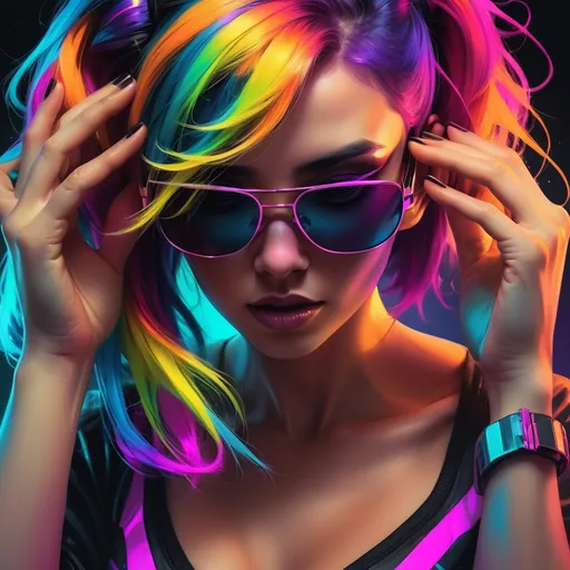 Prompt: a woman with colorful hair and sunglasses on her face and hands on her head, with a black background, Artgerm, computer art, synthwave style, cyberpunk art