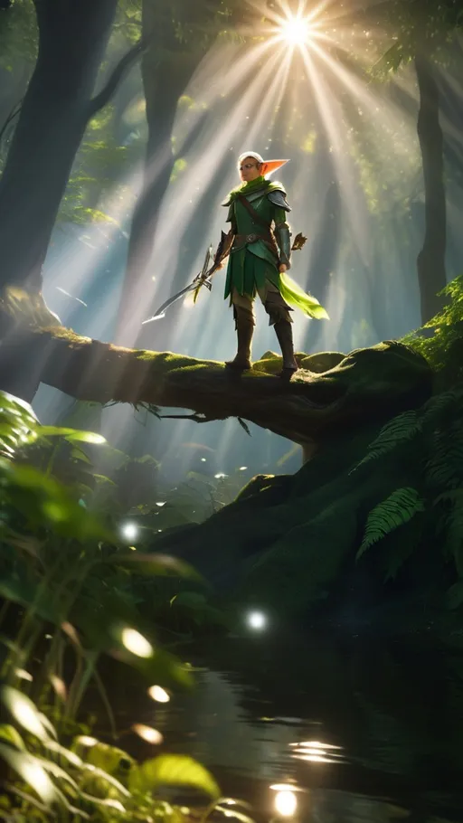 Prompt: Elf ranger in a mystical forest around sunlight