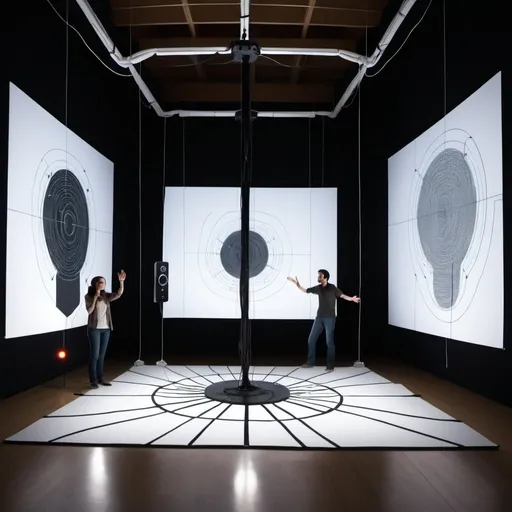 Prompt: Generate an image of an interactive art installation in a room divided into three sections. The center of the room has contact microphones with cables leading to the center where the microphone heads are concentrated. The left section is for Kinect interaction, showing macro body gestures guided by visual projections on the walls. The right section is for Leap Motion interaction, displaying micro hand gestures guided by visual projections. The sections are separated by hanging fabric. Show a top-down view of a room with contact microphones embedded in the floor. The cables from the microphones converge towards the center where the microphone heads are concentrated. The left side of the room is dedicated to Kinect interaction with visual projections, and the right side is for Leap Motion interaction with visual projections. The sections are divided by hanging fabric. Include speakers at the corners and elevated speakers above.