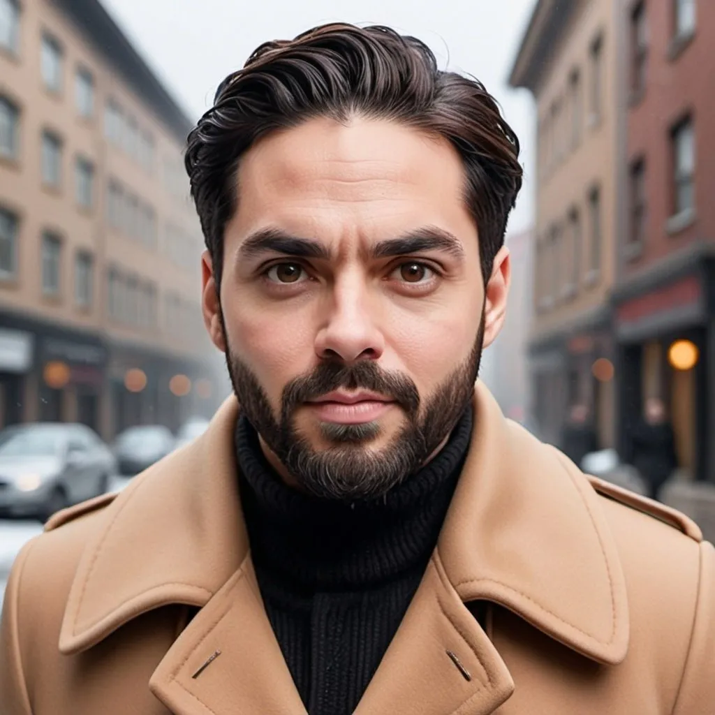 Prompt: A 35-year-old attractive and gentleman hair color black Bulky and short the cheek,with a small amount of beard on his face and with a bony and angular face with squinting,black eybrow and darkbrown eye, is wearing a long coat in the cold winter weather and is staring at the city and smoking a luxuri cigaret in paris