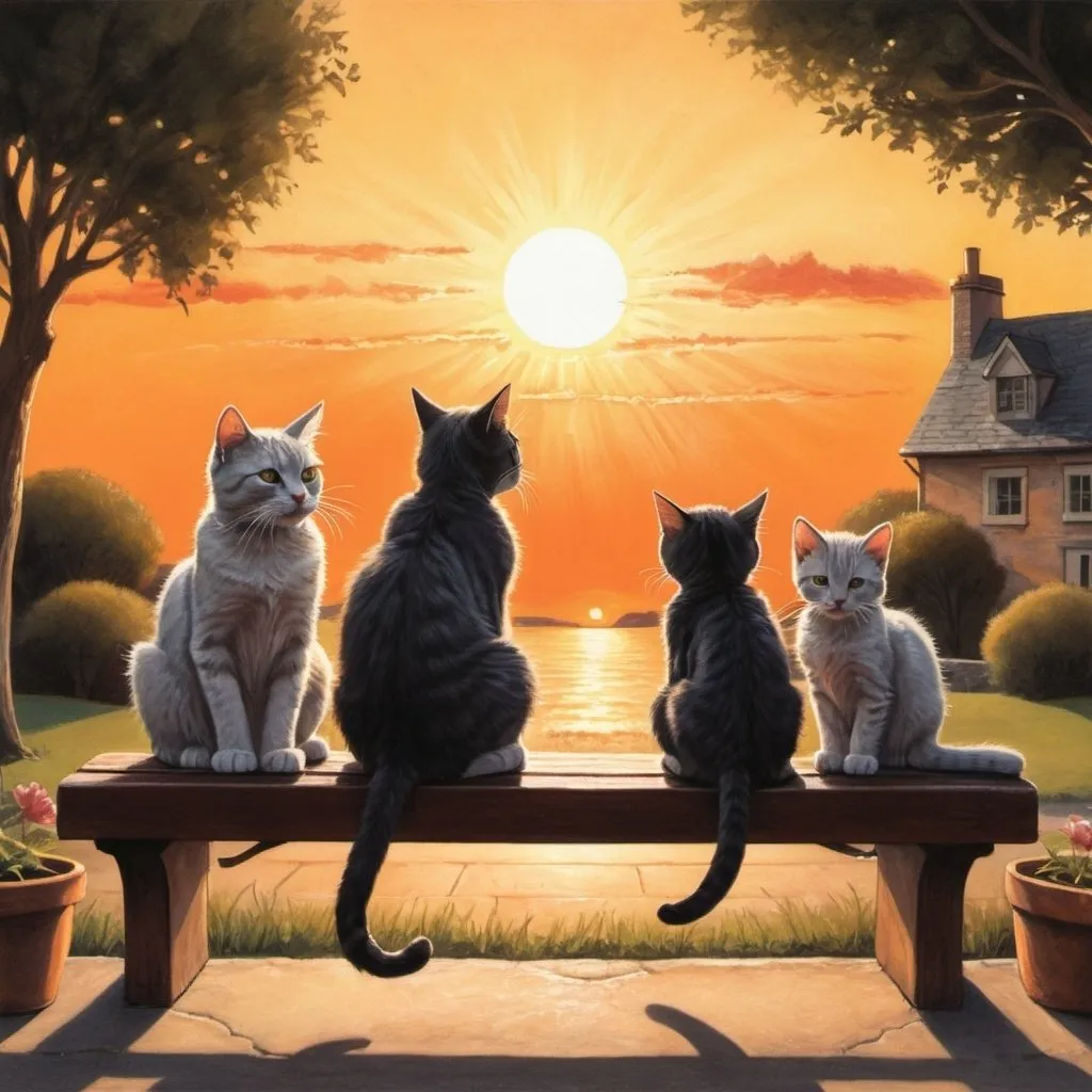 Prompt: a cat and three kittens sitting on a bench at sunset with the sun in the background and a cat on the bench, Alison Kinnaird, magic realism, storybook illustration, a storybook illustration