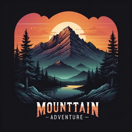 Prompt: a mountain with trees and the words mountain adventure on it, with a sunset in the background and a silhouette of a mountain, Dan Mumford, altermodern, mountains, computer graphics, concept logo