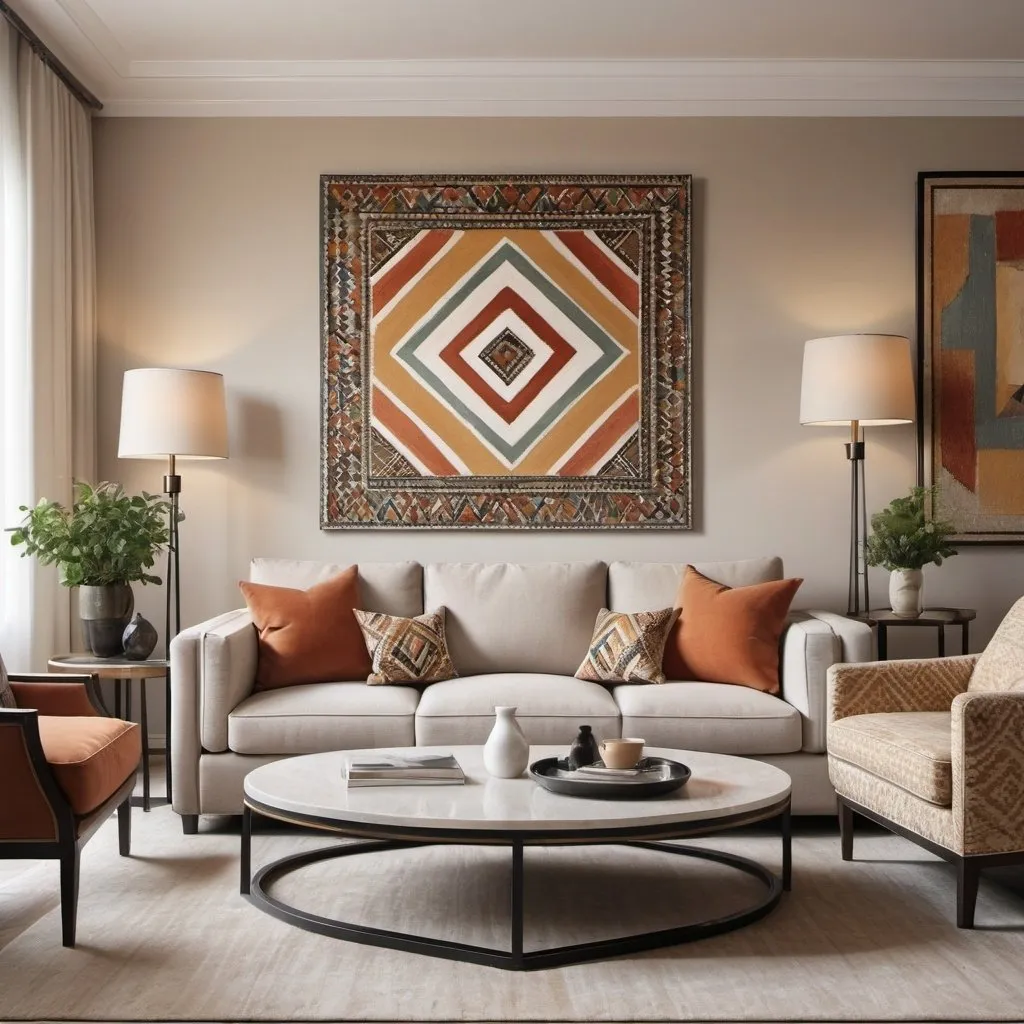 Prompt: a living room with a couch, chairs, and a coffee table in it with a painting on the wall, geometric berber  design, luxury color, a photorealistic painting, traditional style