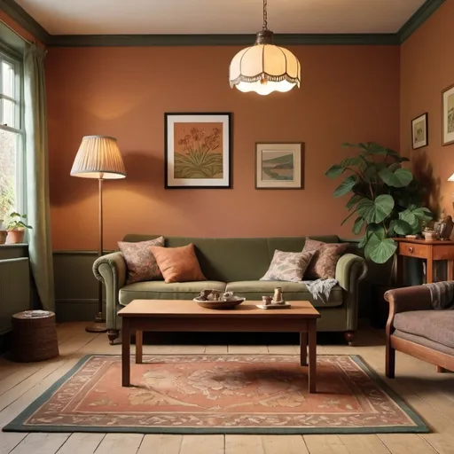 Prompt: a living room with a couch and a lamp on a table and pictures on the wall above it and a rug on the floor, Annabel Kidston, arts and crafts movement, warm colors, a digital rendering