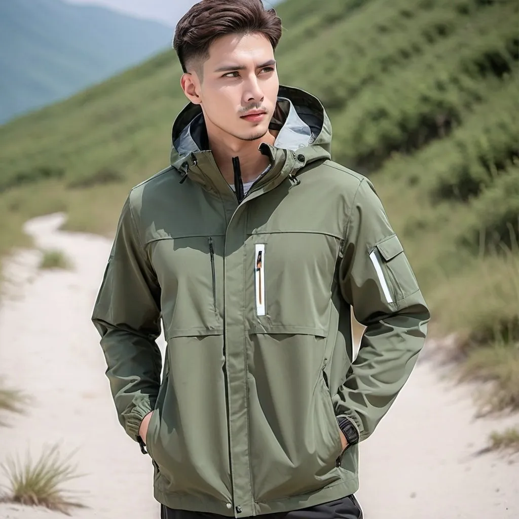 Prompt: Veste coupe-vent de sport en plein air pour homme, loisirs conforme, couleur vert militaire en blanc avec plusieurs poches pour printemps voyages et montagne