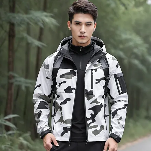 Prompt: Veste coupe-vent de sport en plein air pour homme, loisirs conforme, couleur camouflage noir en blanc avec plusieurs poches pour printemps voyages et montagne