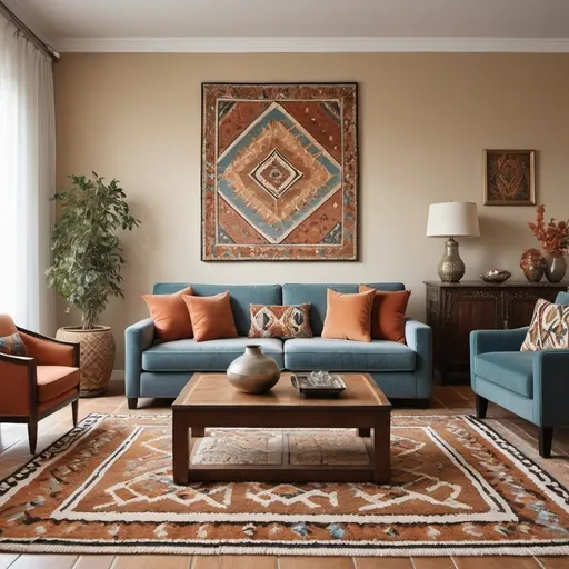 Prompt: a living room with a couch, chairs, and a coffee table in it with a painting on the wall, geometric berber, rug traditional, luxury color, a photorealistic painting, traditional style
