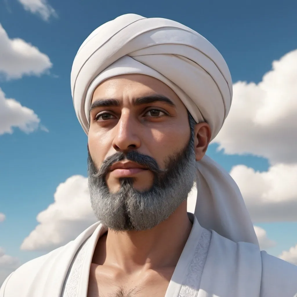 Prompt: a man with a beard and a white turban on his head and a sky background with clouds, Ahmed Karahisari, hurufiyya, 3 d model, a character portrait