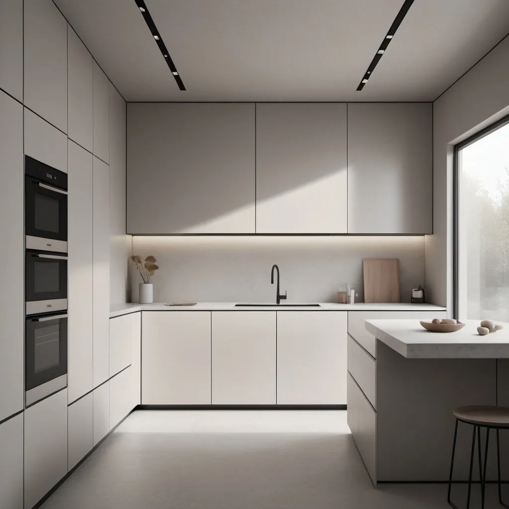 Prompt: a kitchen David Chipperfield, light and space, neutral dull colors, a digital rendering, outline blach and white style