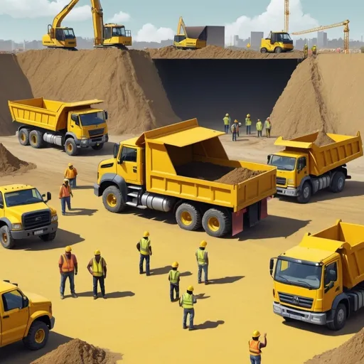 Prompt: a group of people standing around a construction site with a yellow truck and a yellow dump truck in the background, Andries Stock, net art, 2 d game art, computer graphics